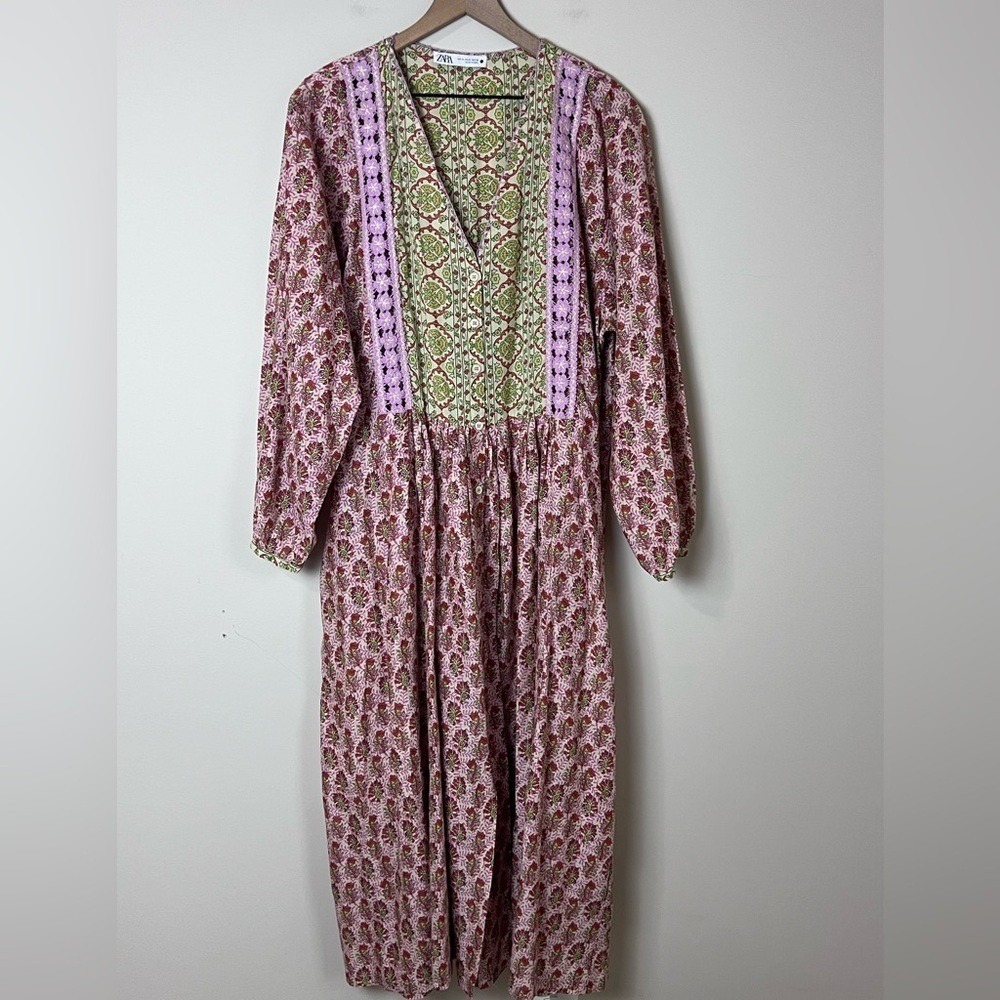 Boho Floral Long Sleeve Maxi Dress in Pink & Green